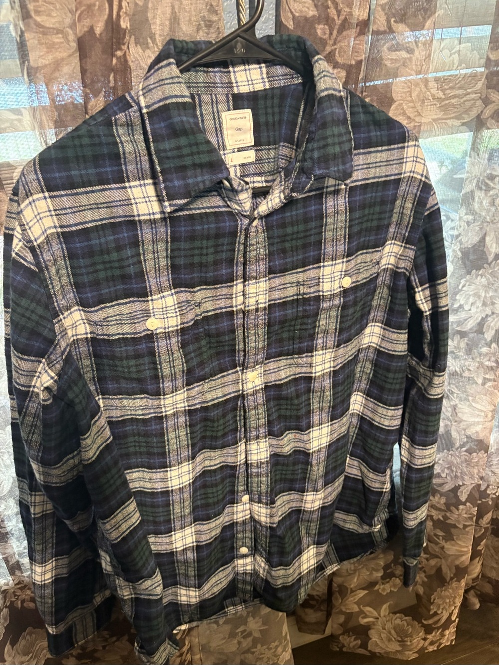 Gap Men’s Blue and Green Plaid Flannel Shirt 100